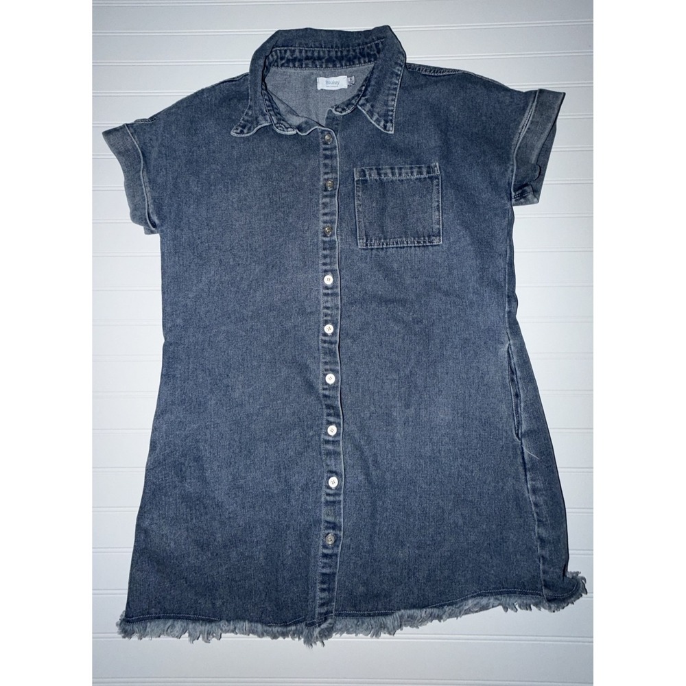 Bluivy Denim Shirt Dress Womens Small Frayed Hem Button Front Short Sleeve